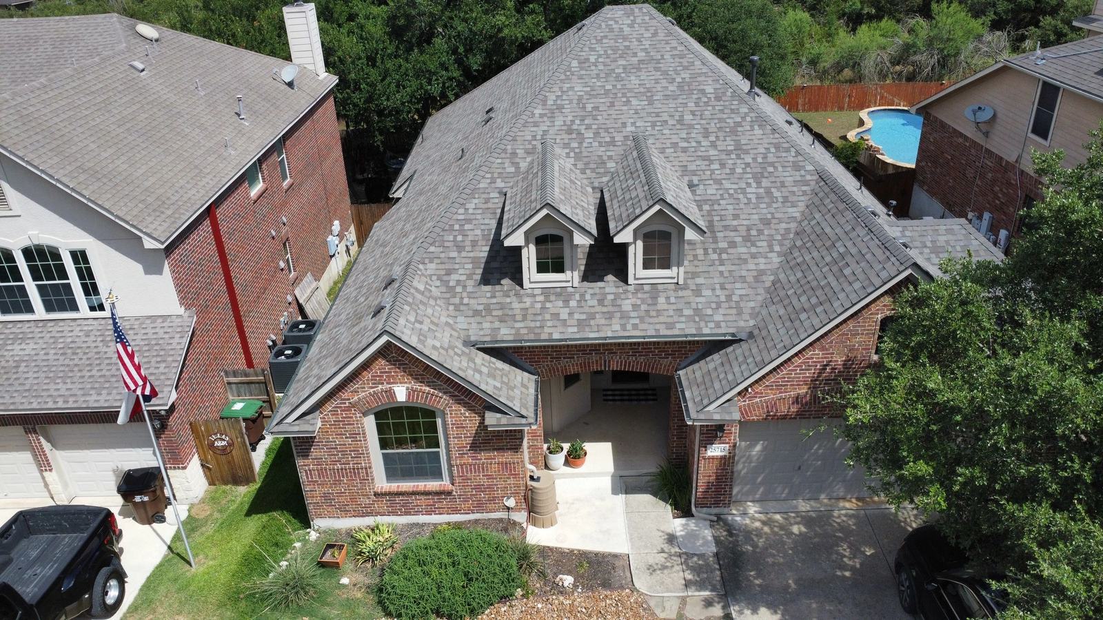 Aerial photograph of a completed CTR residential roof